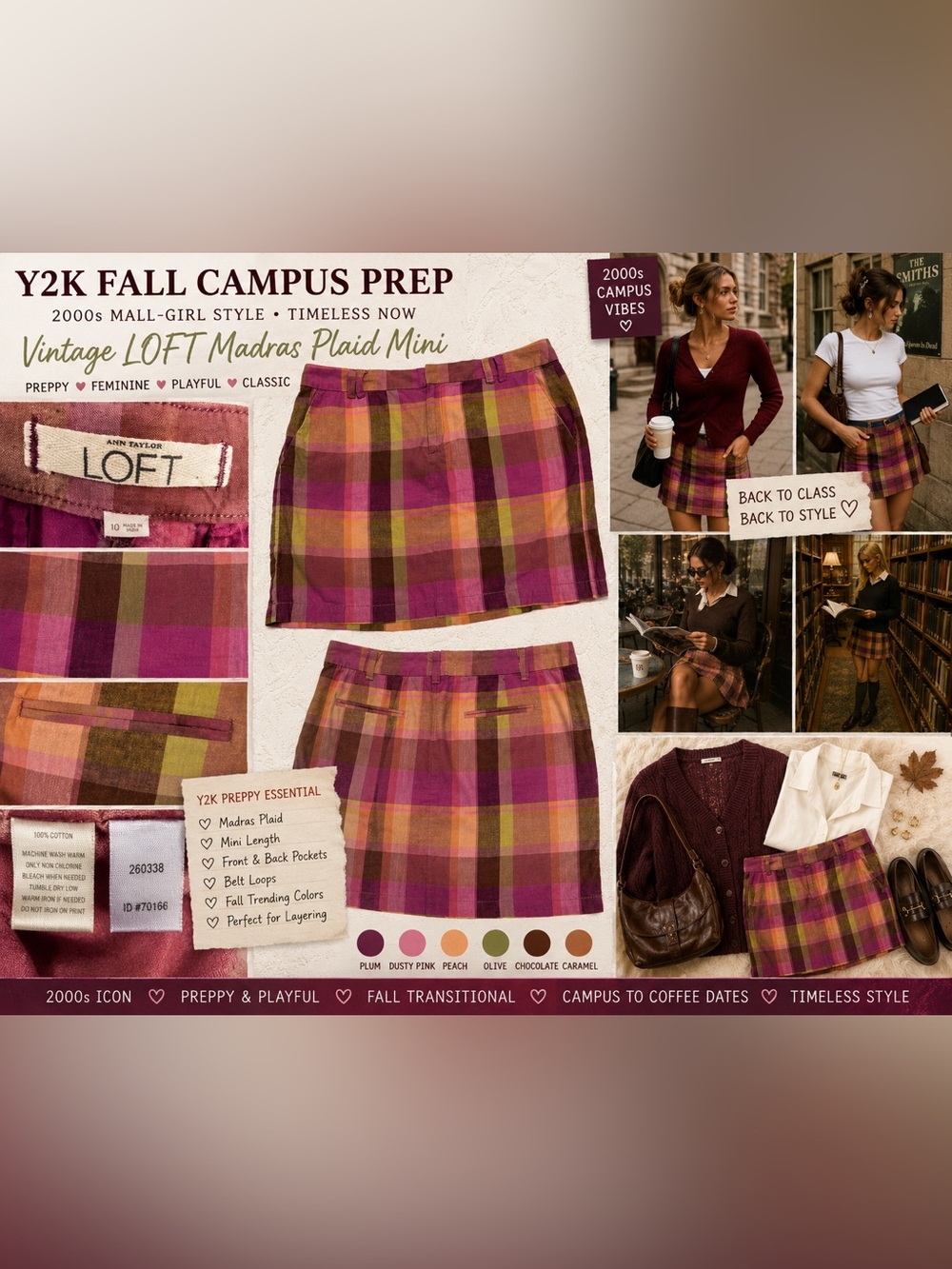 Y2K Ann Taylor LOFT Plaid Mini Skirt 10 Cotton Madras Preppy Fall Academia Cute